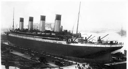 Photo:  The Titanic docked in Belfast, February 1912. It underwent sea trials before setting sail from England to New York in April